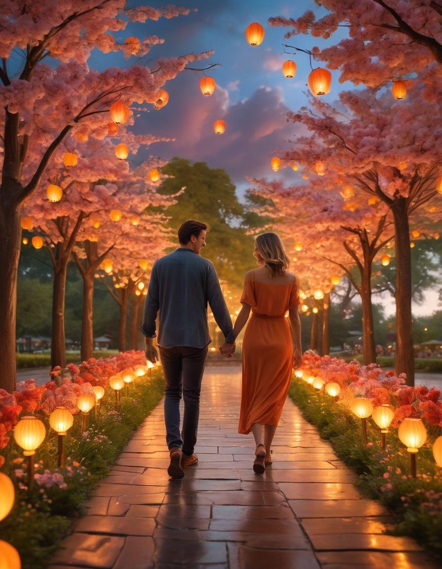 A romantic scene depicting a couple walking hand-in-hand through a serene park, surrounded by blooming flowers and softly glowing lanterns. They exchange smiles, embodying trust and connection, while a gentle sunset casts a warm glow. Include a subtle background of soft clouds and distant trees to enhance tranquility. super-realistic. vibrant colors. 3D.