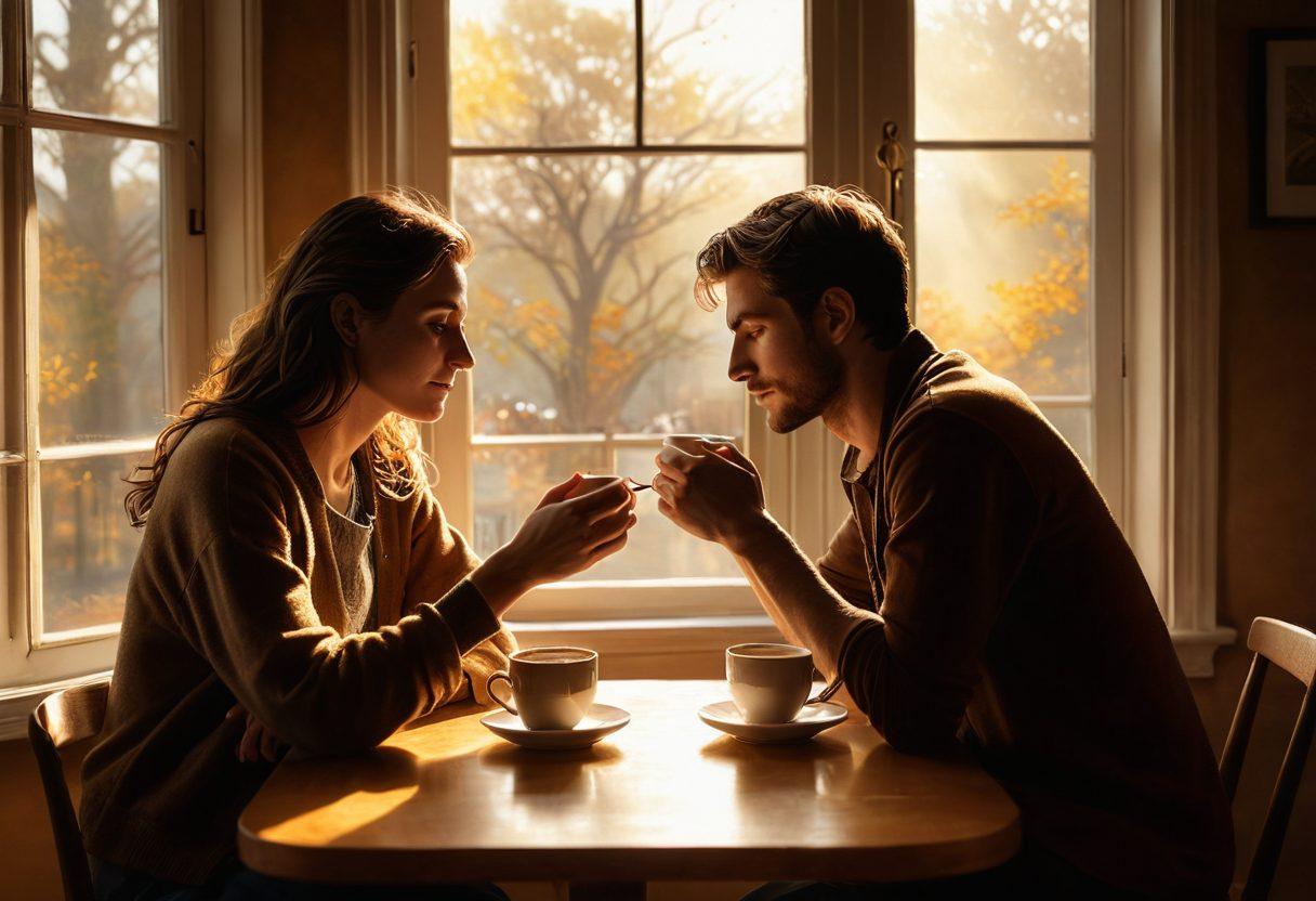 A warm and inviting scene depicting a couple engaged in a heartfelt conversation over coffee, surrounded by soft natural light filtering through a window. Include elements symbolizing support, such as intertwined hands and a heart-shaped framework in the background. The ambiance should evoke a sense of passion and connection, featuring rich, warm colors to enhance the emotional depth. digital painting. vibrant colors. soft focus.